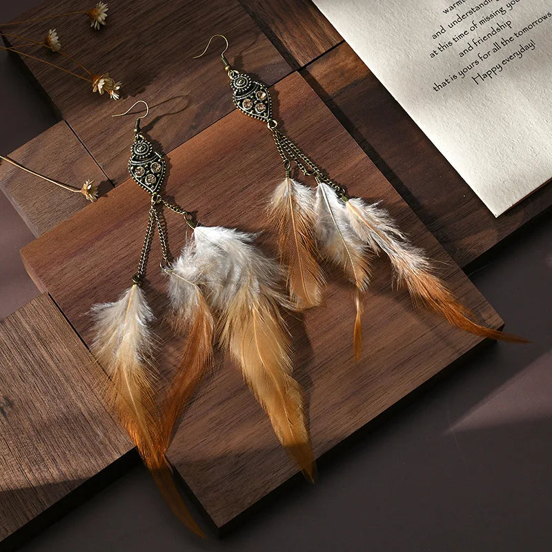 Bohemian Feather Drop Earrings – Long Vintage Dangles with Wood & Bead Accents