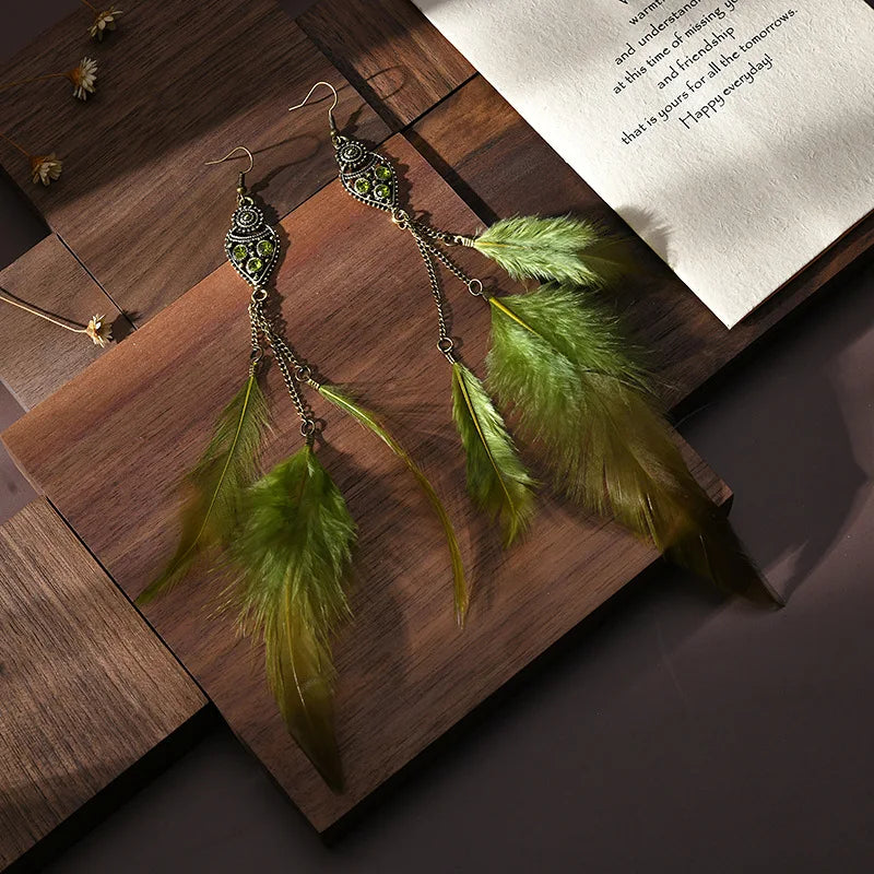 Bohemian Feather Drop Earrings – Long Vintage Dangles with Wood & Bead Accents