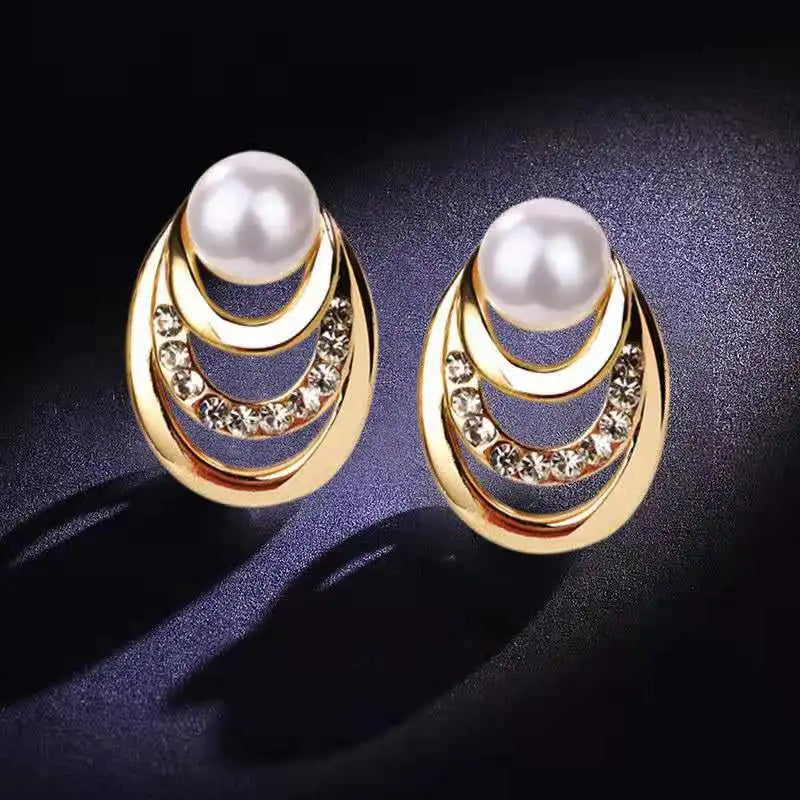 Multi-Layer Gold Circle Stud Earrings with Crystal Pearls