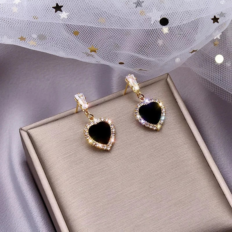 Black Round Rhinestone Drop Earrings - Elegant Hoops