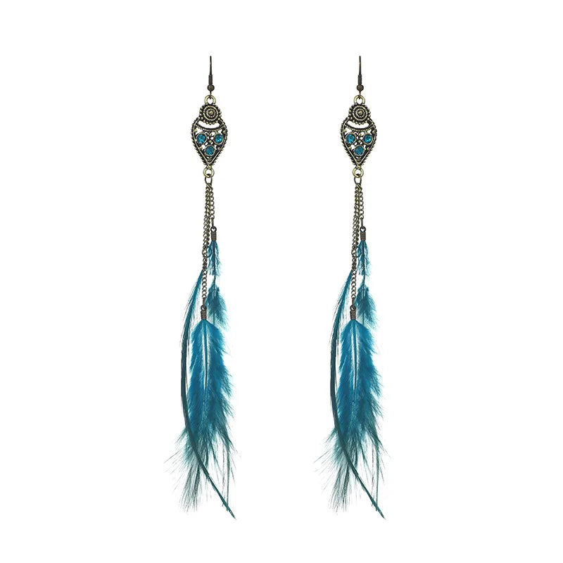 Bohemian Feather Drop Earrings – Long Vintage Dangles with Wood & Bead Accents