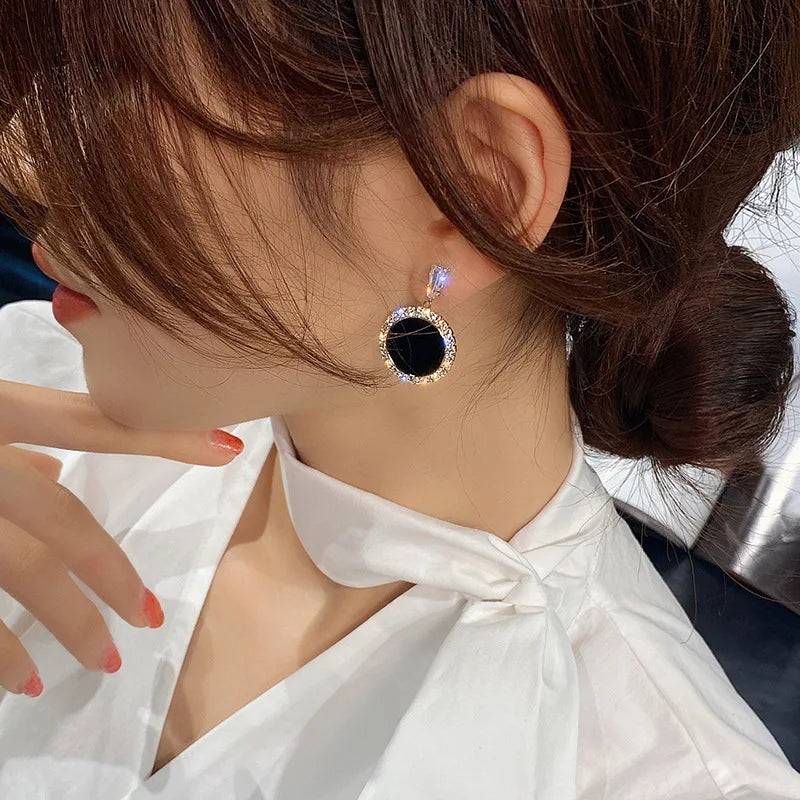 Black Round Rhinestone Drop Earrings - Elegant Hoops