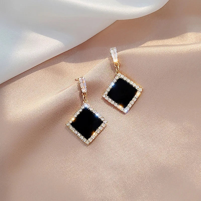 Black Round Rhinestone Drop Earrings - Elegant Hoops
