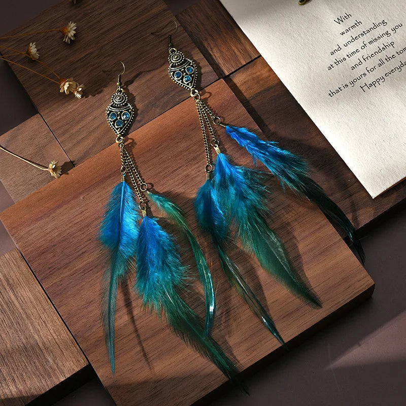 Bohemian Feather Drop Earrings – Long Vintage Dangles with Wood & Bead Accents