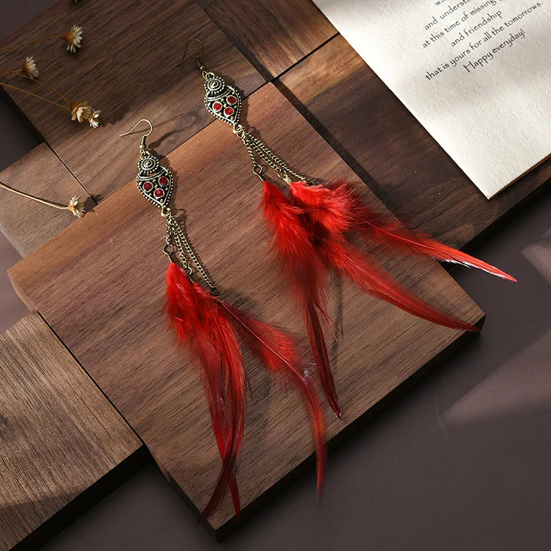 Bohemian Feather Drop Earrings – Long Vintage Dangles with Wood & Bead Accents
