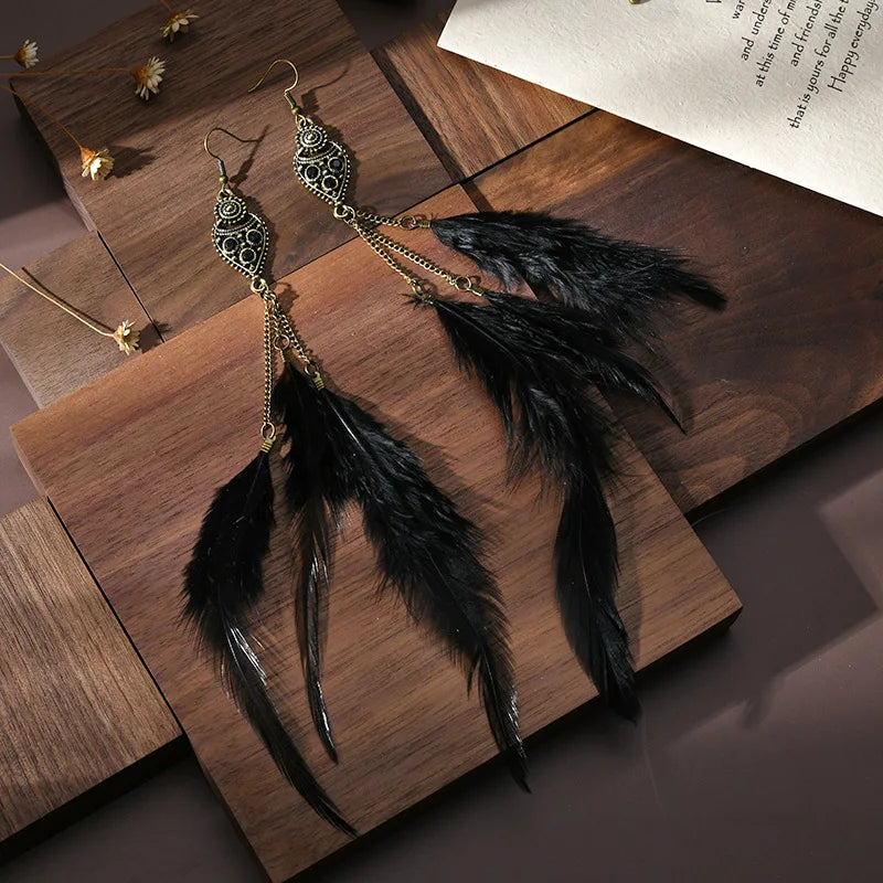 Bohemian Feather Drop Earrings – Long Vintage Dangles with Wood & Bead Accents