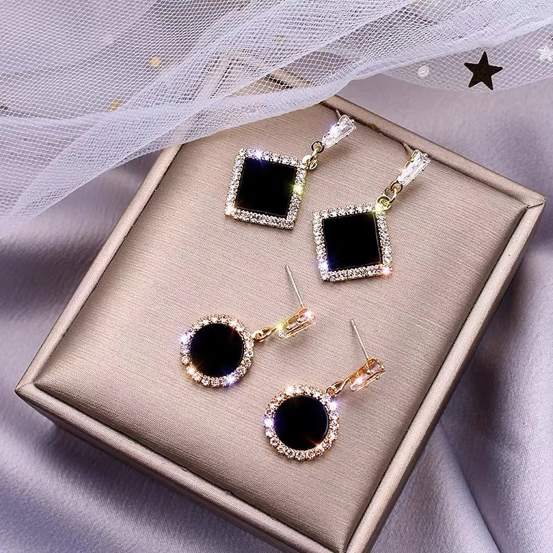Black Round Rhinestone Drop Earrings - Elegant Hoops