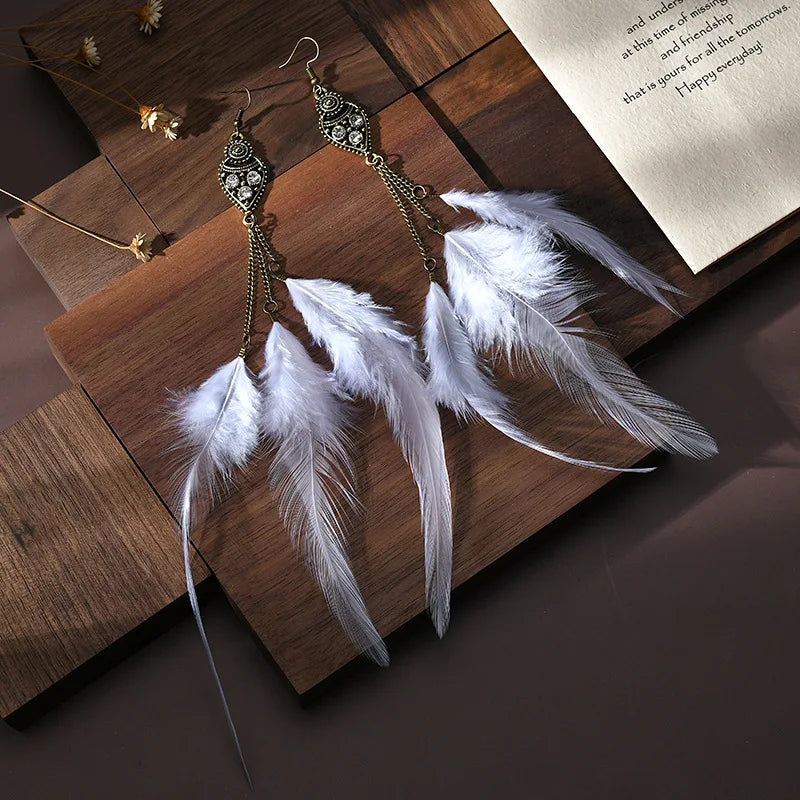 Bohemian Feather Drop Earrings – Long Vintage Dangles with Wood & Bead Accents