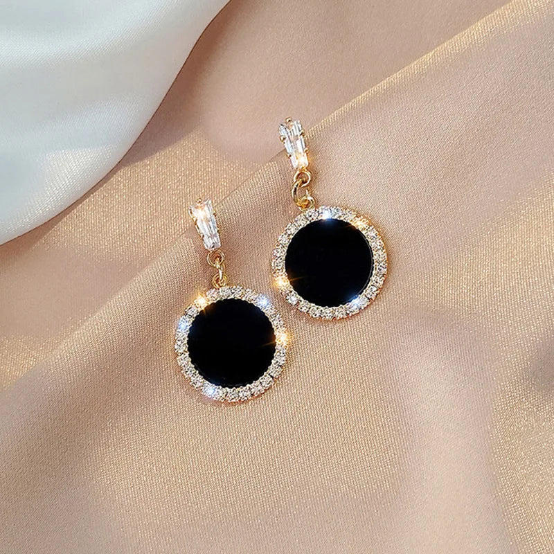 Black Round Rhinestone Drop Earrings - Elegant Hoops