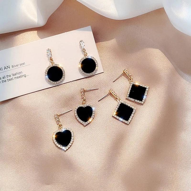 Black Round Rhinestone Drop Earrings - Elegant Hoops