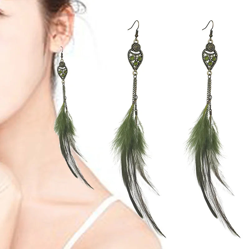 Bohemian Feather Drop Earrings – Long Vintage Dangles with Wood & Bead Accents