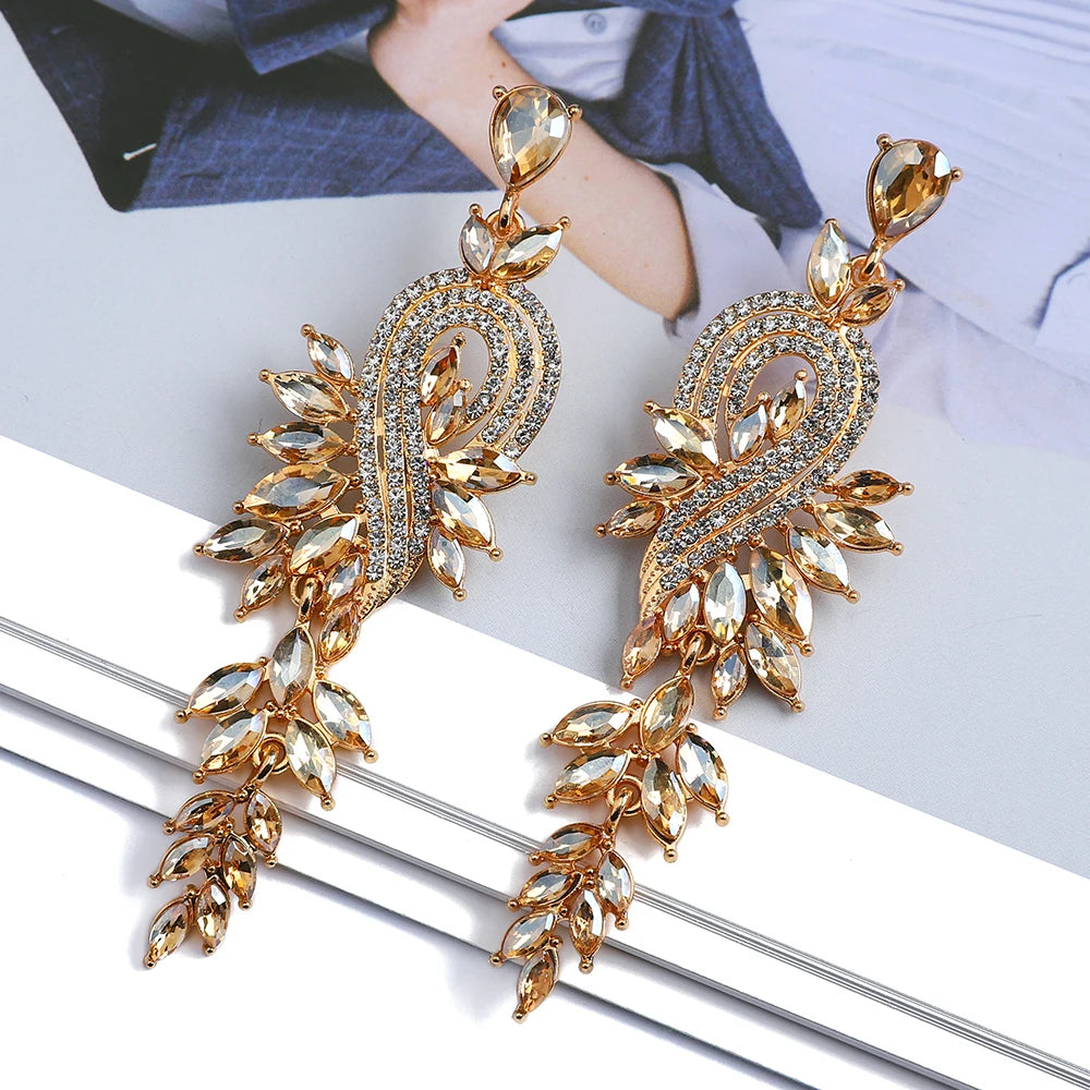 Elegant Crystal Hollow Leaf Dangle Earrings