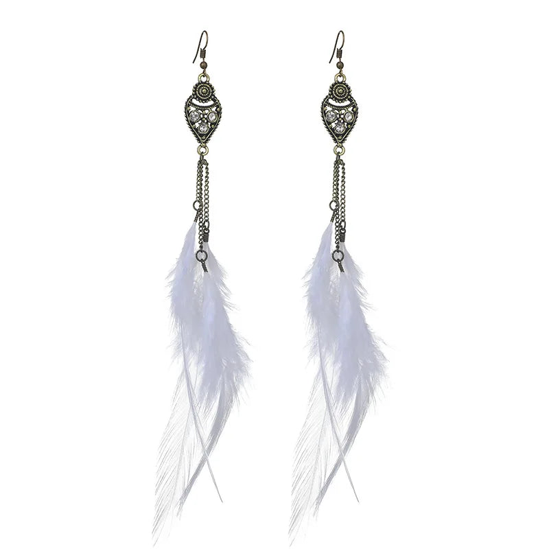 Bohemian Feather Drop Earrings – Long Vintage Dangles with Wood & Bead Accents