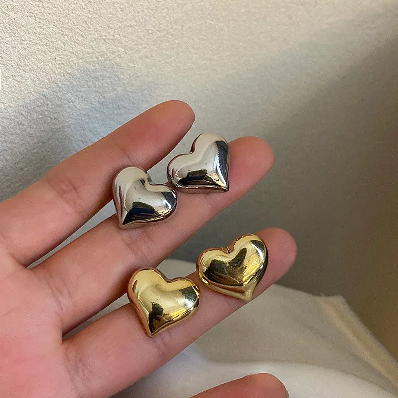 Half Bead And Heart Metal Stud Earrings