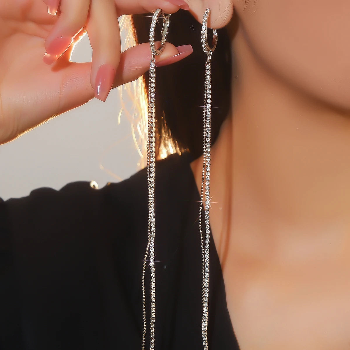Rhinestones-Studded Silver Tassel Drop Earrings