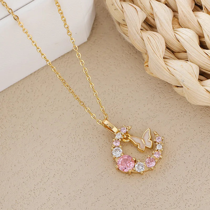 Gold Crescent Moon & Butterfly Pendant Necklace