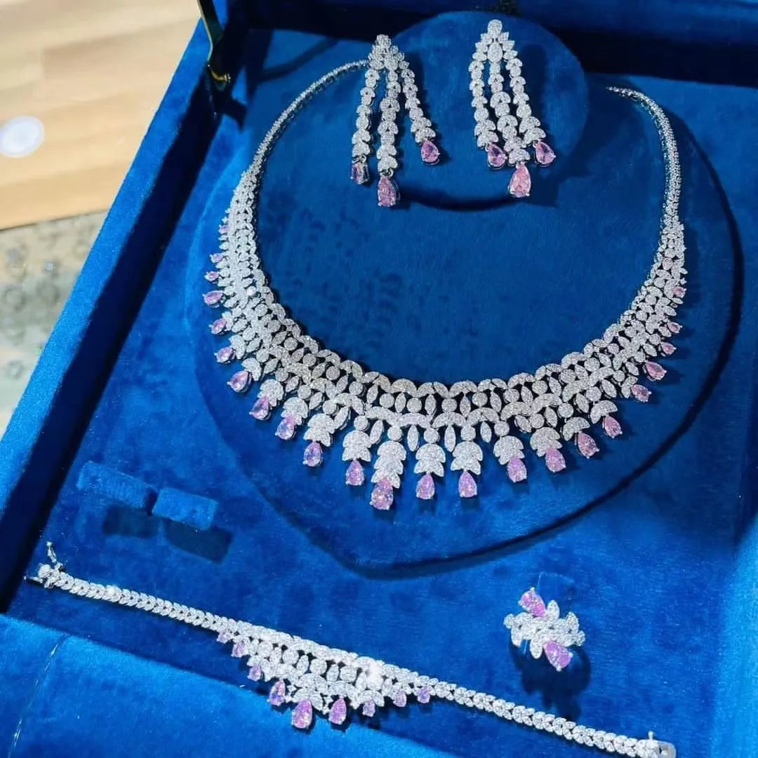 Luxury Cubic Zirconia Jewelry Set – Necklace, Ring, Bracelet & Earrings (Dubai Style)