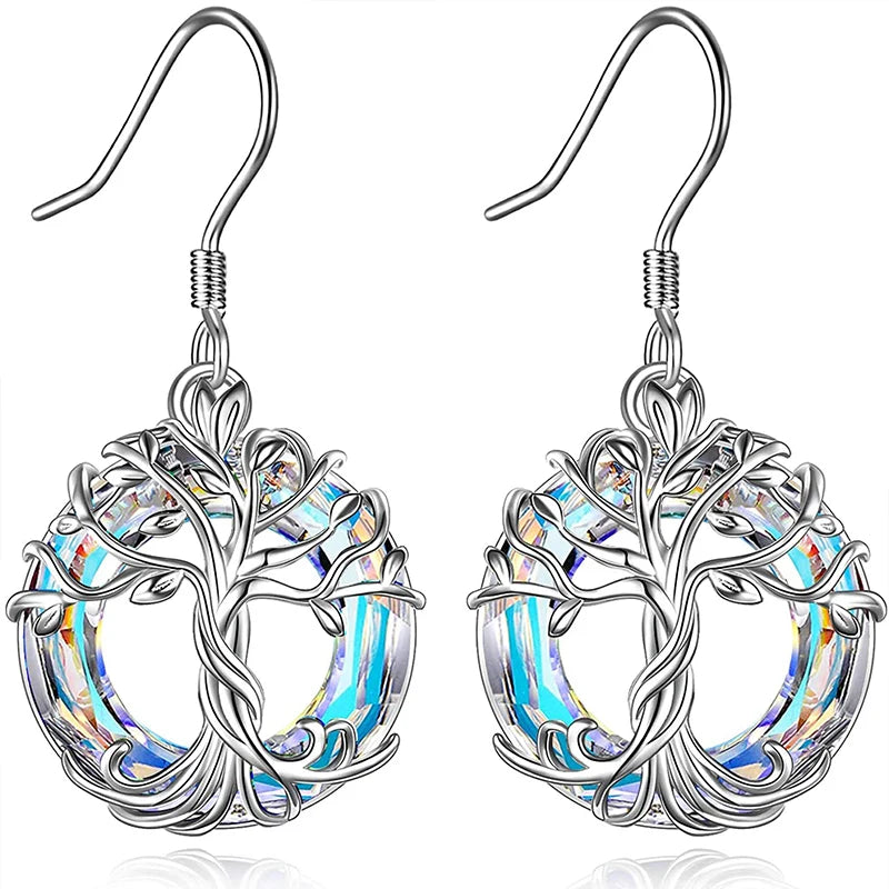 Tree of Life Drop Earrings with Purple & Aurora Crystals