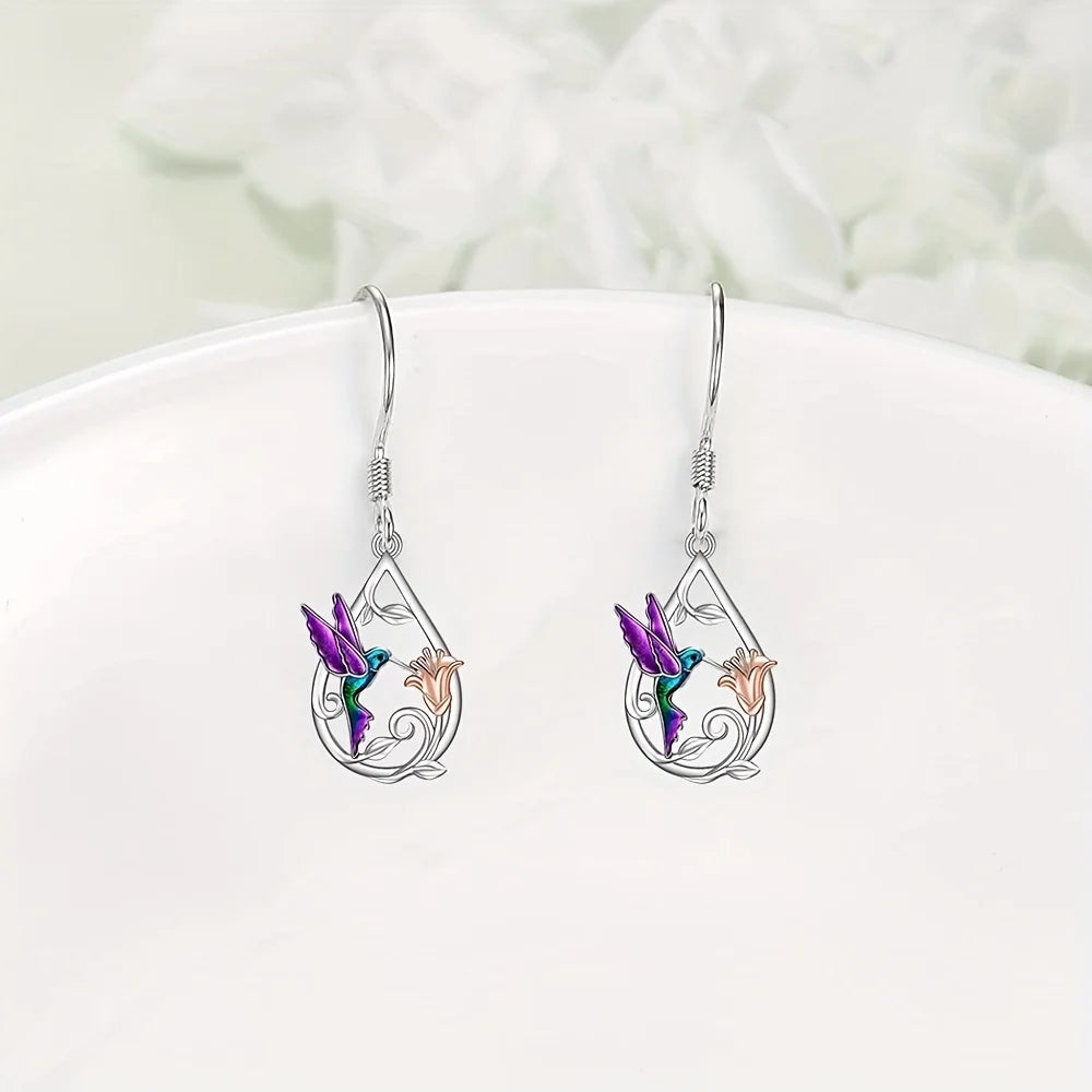 Hummingbird & Flower Drop Earrings