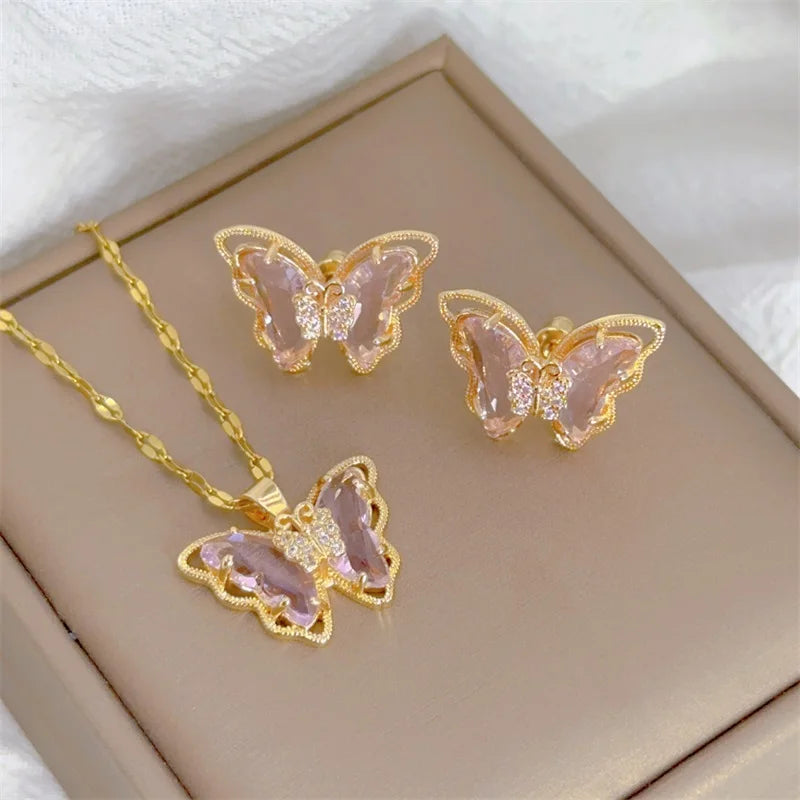 Butterfly Necklace & Earrings - Gold-Plated SS Jewelry Set