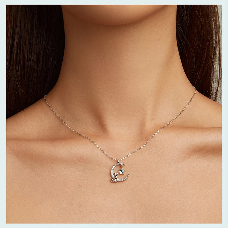 Cat & Rabbit Crescent Moon Necklace – 925 Sterling Silver