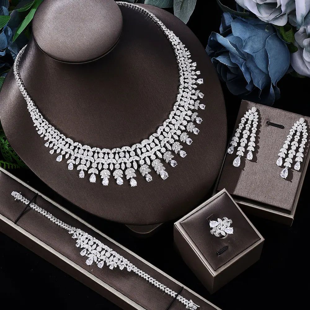 Luxury Cubic Zirconia Jewelry Set – Necklace, Ring, Bracelet & Earrings (Dubai Style)