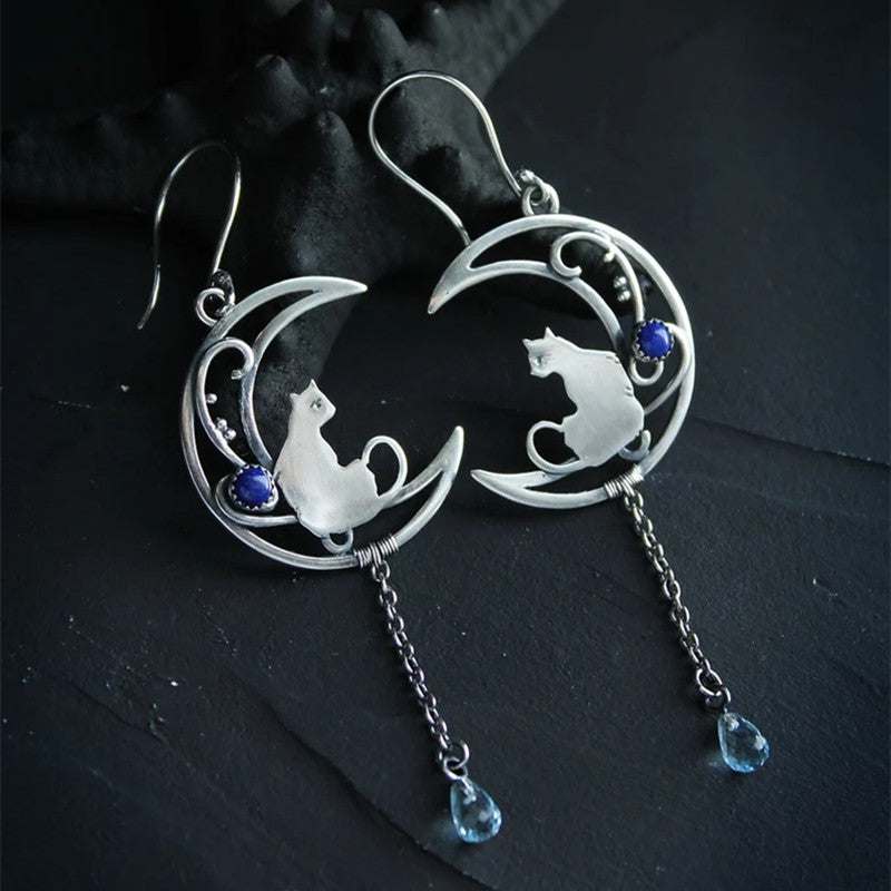Vintage Silver Cat Crescent Earrings