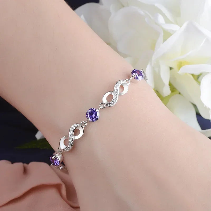 925 Sterling Silver Infinity Chain Bracelet – Elegant Zircon Charm