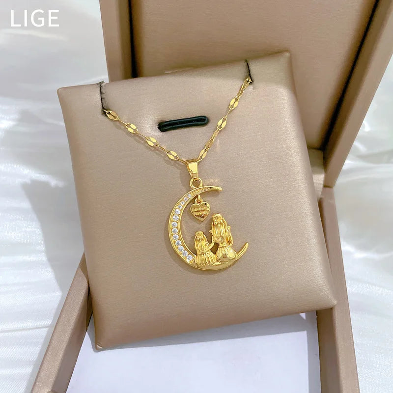 Moon Gaze Mother-Daughter Pendant Necklace