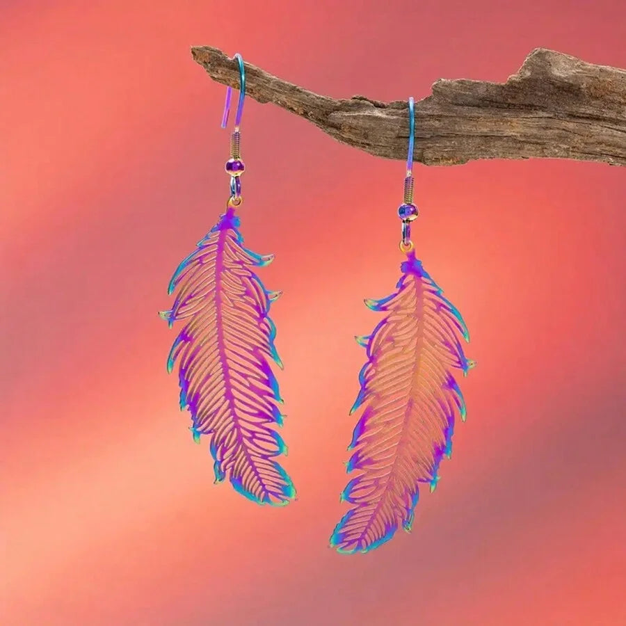Exquisite Bohemian Purple Feather Drop Earrings