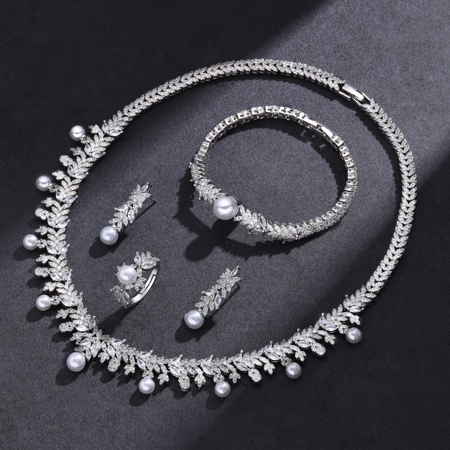 Luxury Cubic Zirconia Jewelry Set – Necklace, Ring, Bracelet & Earrings (Dubai Style)