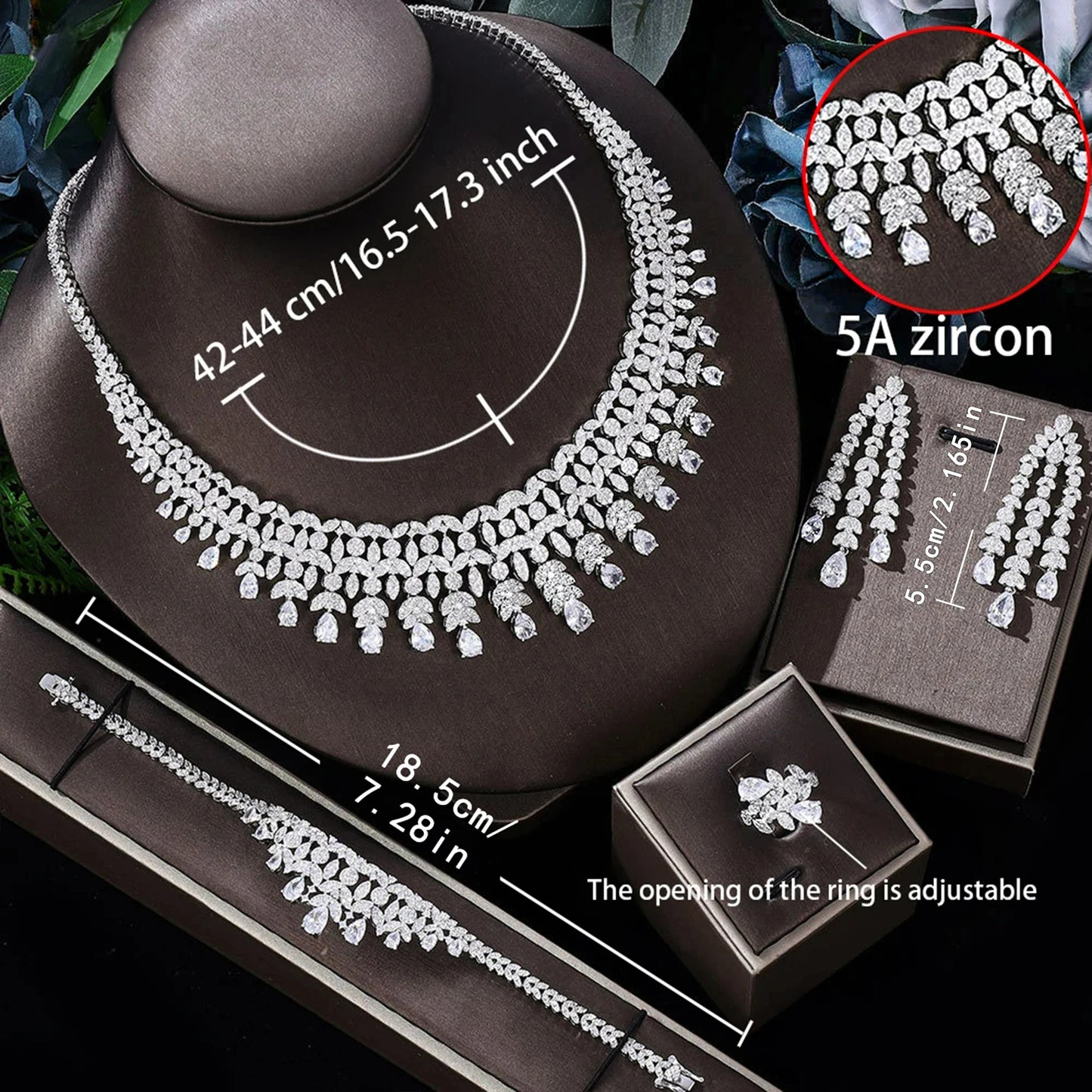 Luxury Cubic Zirconia Jewelry Set – Necklace, Ring, Bracelet & Earrings (Dubai Style)