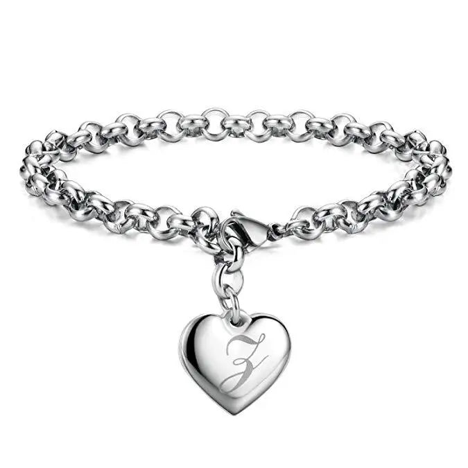 925 Sterling Silver Heart Letter Charm Bracelet for Women
