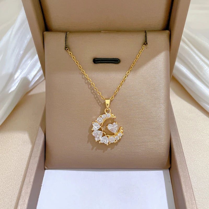 Heart-Studded Moon Pendant Necklace