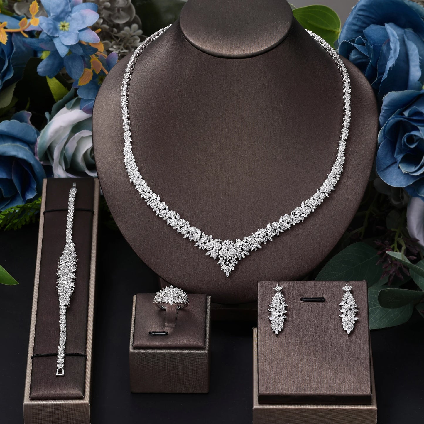 Luxury Cubic Zirconia Jewelry Set – Necklace, Ring, Bracelet & Earrings (Dubai Style)
