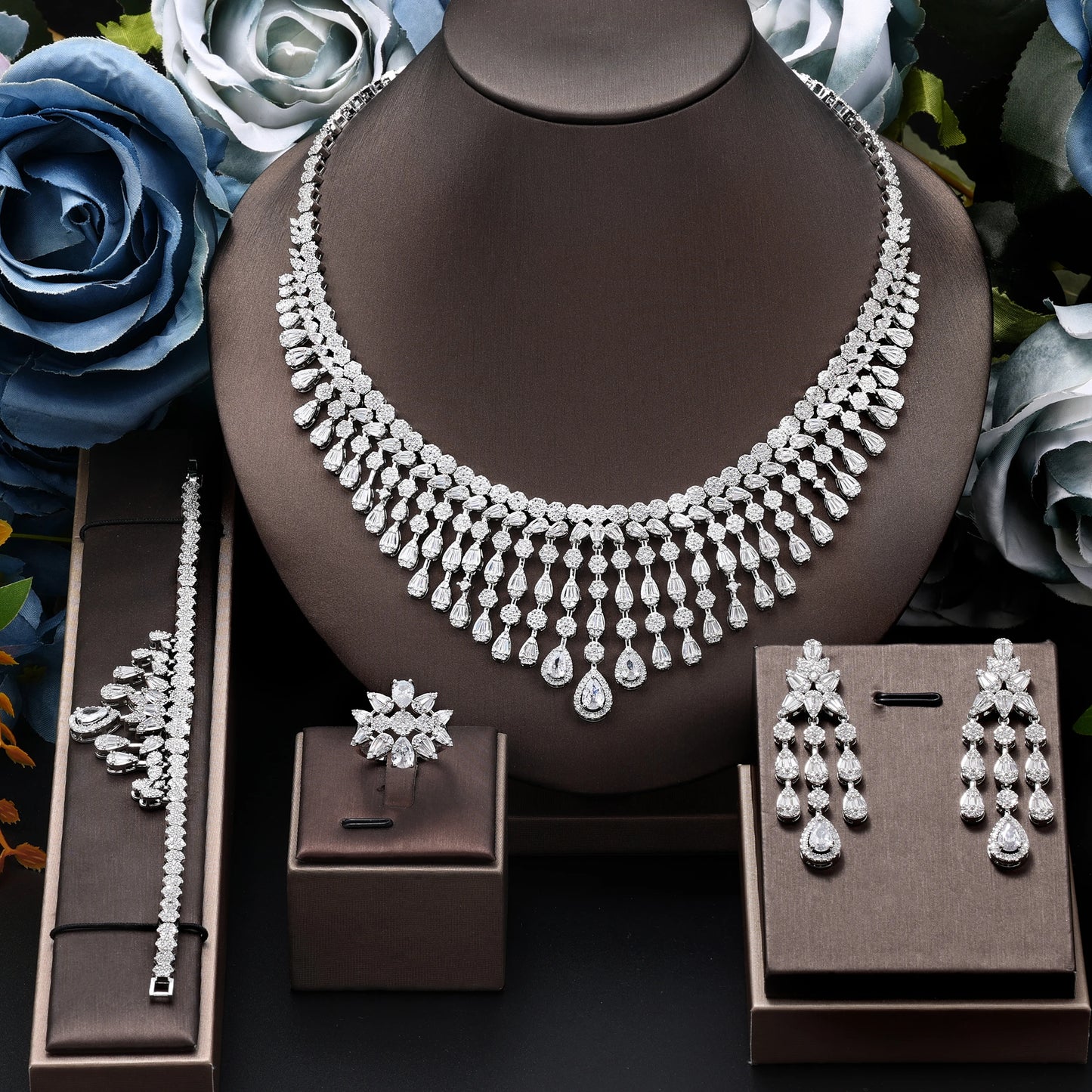 Luxury Cubic Zirconia Jewelry Set – Necklace, Ring, Bracelet & Earrings (Dubai Style)