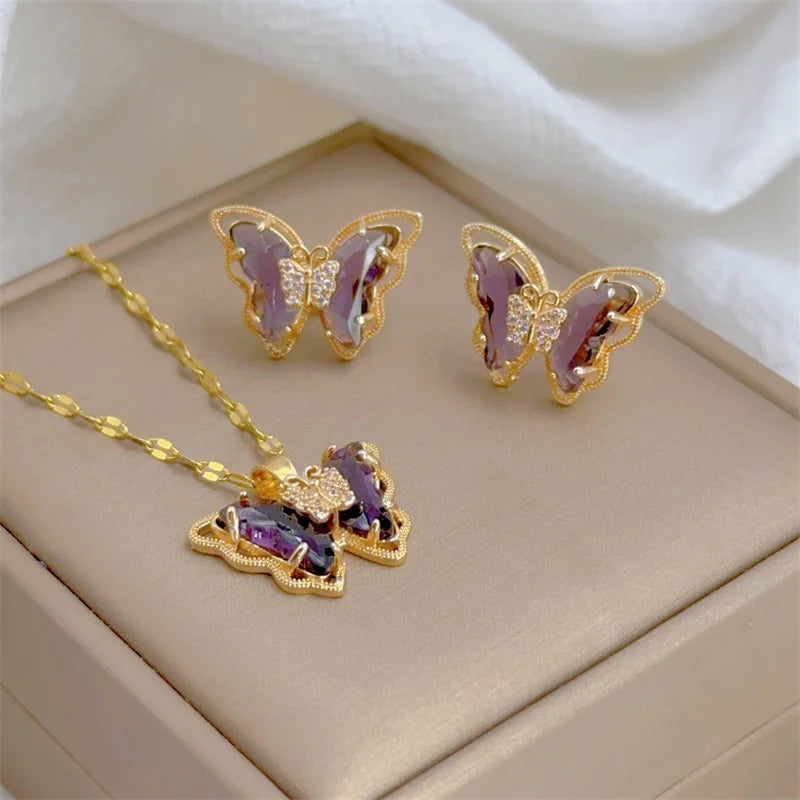 Butterfly Necklace & Earrings - Gold-Plated SS Jewelry Set