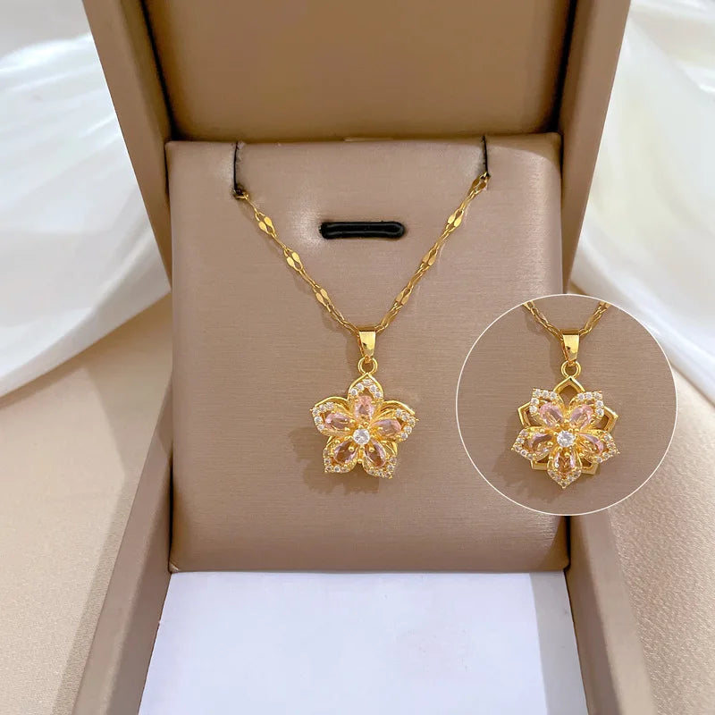Rotatable Pink Flower Necklace – Gold-Plated TS