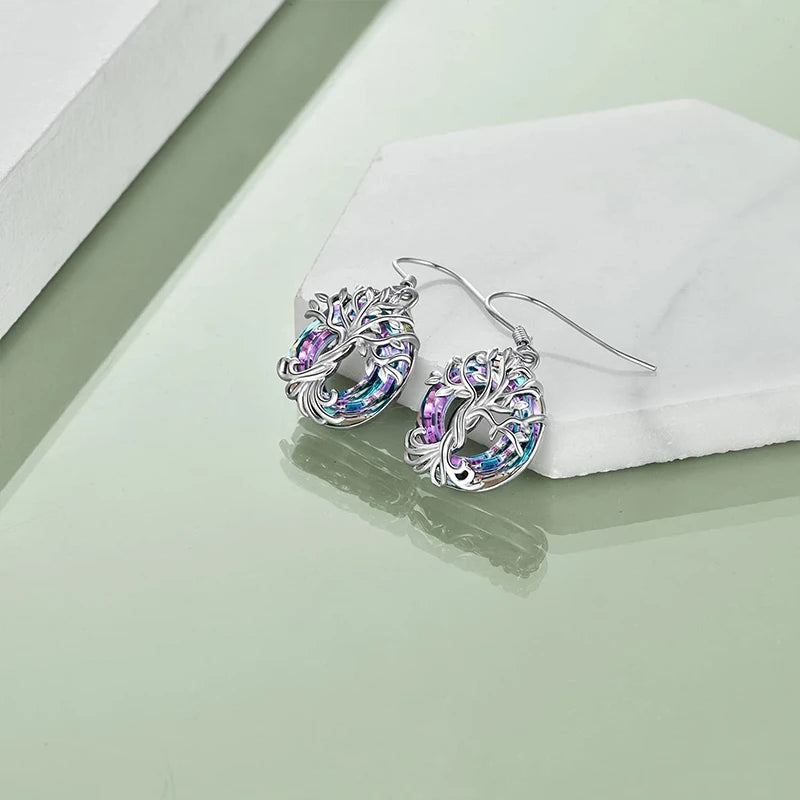 Tree of Life Drop Earrings with Purple & Aurora Crystals