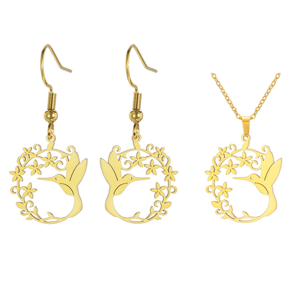 Hummingbird Jewelry Set – Gold/Silver Earrings & Necklace