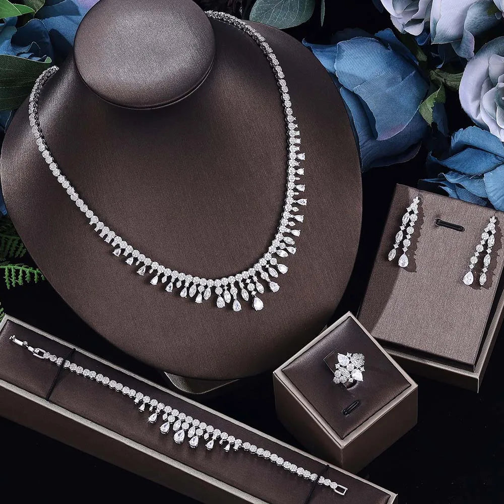 Luxury Cubic Zirconia Jewelry Set – Necklace, Ring, Bracelet & Earrings (Dubai Style)