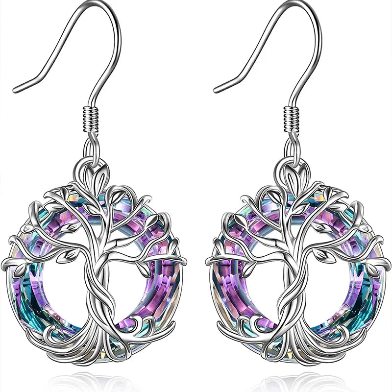 Tree of Life Drop Earrings with Purple & Aurora Crystals