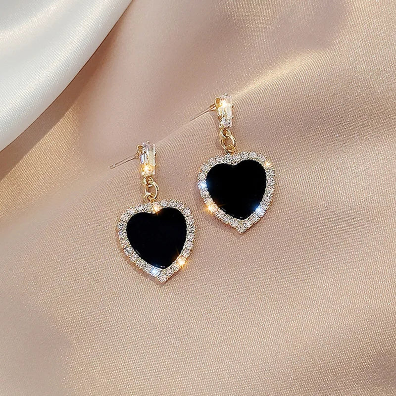 Black Round Rhinestone Drop Earrings - Elegant Hoops