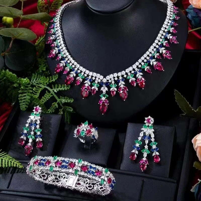 Luxury Cubic Zirconia Jewelry Set – Necklace, Ring, Bracelet & Earrings (Dubai Style)