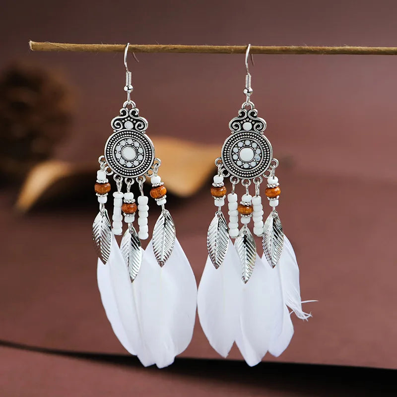 Bohemian Feather Tassel Drop Earrings with Wood Beads