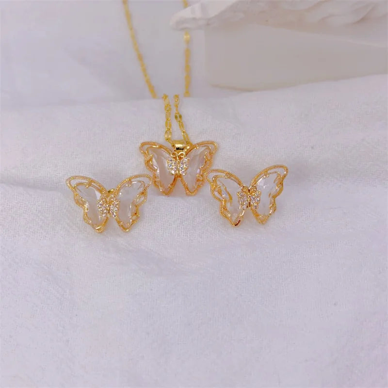 Butterfly Necklace & Earrings - Gold-Plated SS Jewelry Set