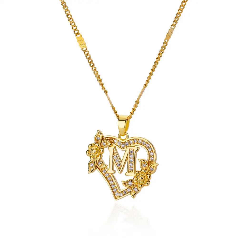 Gold-Plated Floral Heart Charm Necklace – Initial Letter Charm