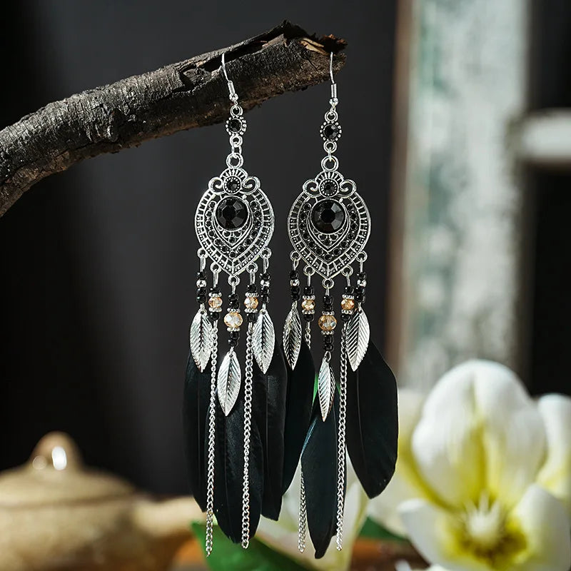 Boho Feather Tassel Earrings – Antique Silver Leaf Drop Earrings
