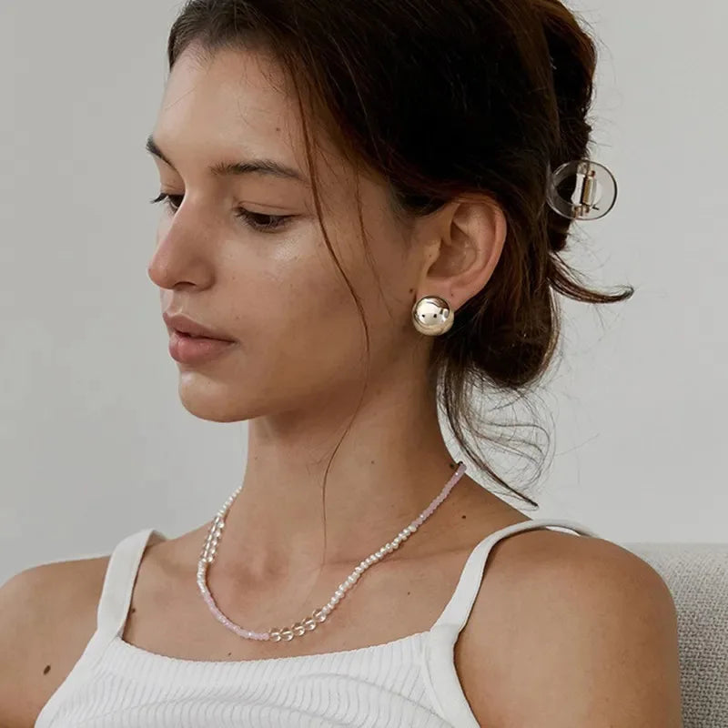 Half Bead And Heart Metal Stud Earrings