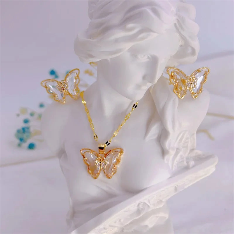 Butterfly Necklace & Earrings - Gold-Plated SS Jewelry Set